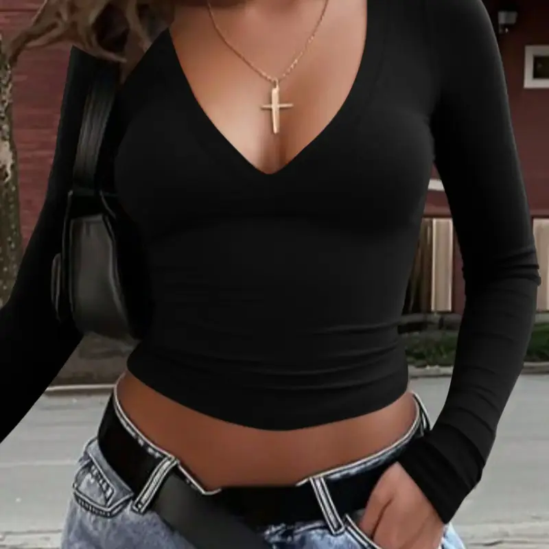 Pure Color Casual V-Neck Long Sleeve T-Shirt Top, Fitted Y-Type Design, Spring & Fall Fashion, Plain Pattern, Comfortable Everyday Daily Wear, Casual Everyday Tops #GLOBAL PICKS