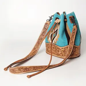 American Darling Bucket Bag Hand Tooled Floral Carved Hand Woven Saddle Blanket Leather Purse with YKK Zipper