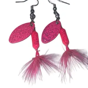 Hot Pink Fishing Lure Earrings with Sparkly Design and Feather Tassel Detailing