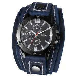 Men's Gothic Punk Style Genuine Leather Strap nalog Watch - Large Multi- Chronograph Quartz Movement, Black/White/Red with Golden Hands, Heavy-Duty Wrist Cuff for Halloween, Costume Parties & Casual ttire (-), Watches For Men,