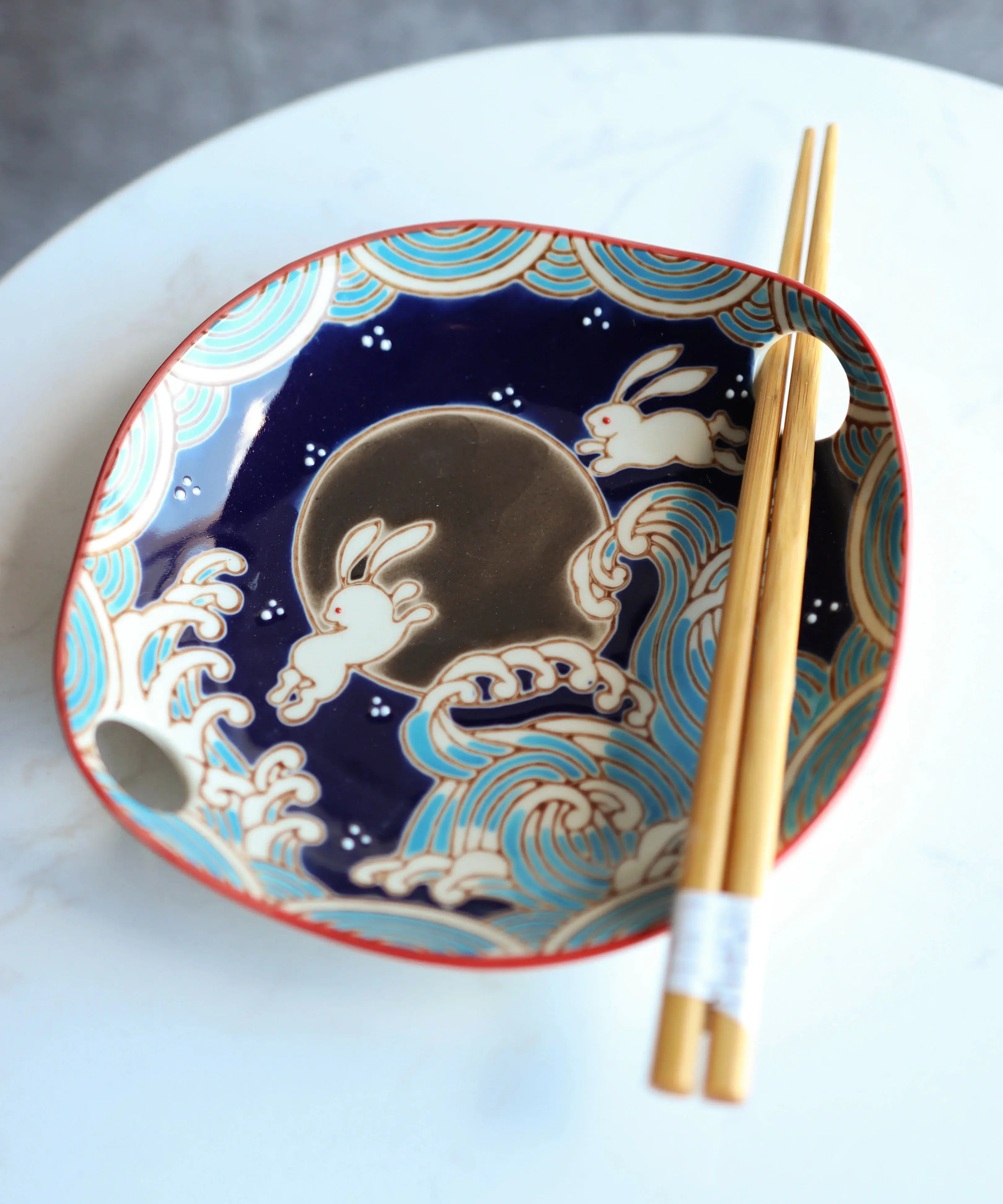 Black Moon Rabbit Ceramic Pottery Tableware Set - Small Appetizer Coupe Plate, Flat Bowl, Bamboo Chopsticks for Home Supplies & Decor