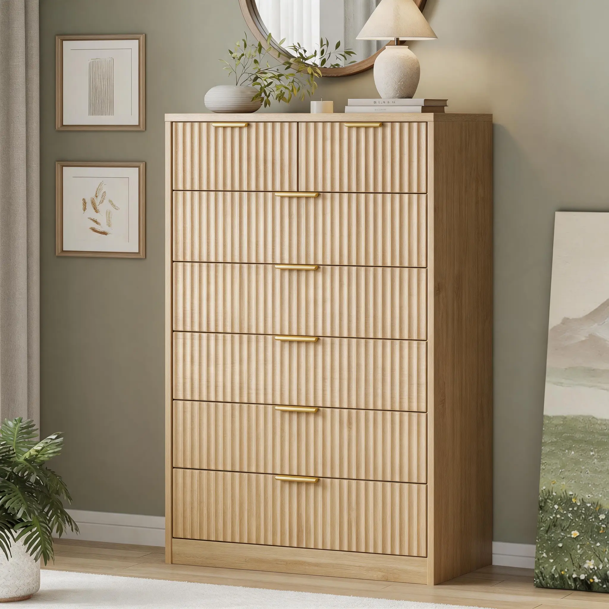 Modern Wooden  Fluted Dresser with 9 Drawers 53'' Wide Farmhouse Dressers with Faux Marble Top Wood Chests of Drawers with Gold Handle & Curved Profile Dresser for Bedroom  Cupboard