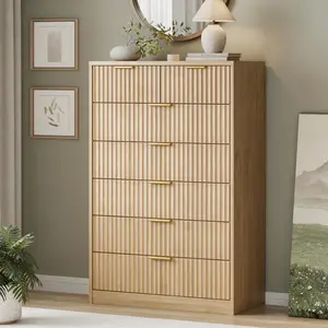 Modern Wooden  Fluted Dresser with 9 Drawers 53'' Wide Farmhouse Dressers with Faux Marble Top Wood Chests of Drawers with Gold Handle & Curved Profile Dresser for Bedroom  Cupboard