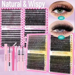 640pcs Natural D Curl Clusters Lashes Kit with Glue & Tweezers | Mixed Styles 9-16mm Fluffy Wispy DIY Eyelashes Extensions Kit for Beginner Friendly Makeup Set - Long-lasting Waterproof & Reusable