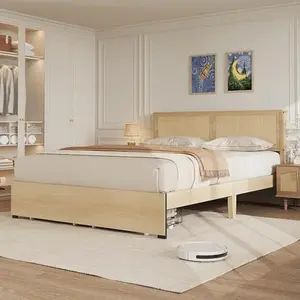 King Platform Bed Frame,King Size Bed Frame with Natural Rattan Headboard,Cane Bed Frame with 2 Storage Drawers and Strong Wood Slats Support,Noise Free,No Box Spring Needed