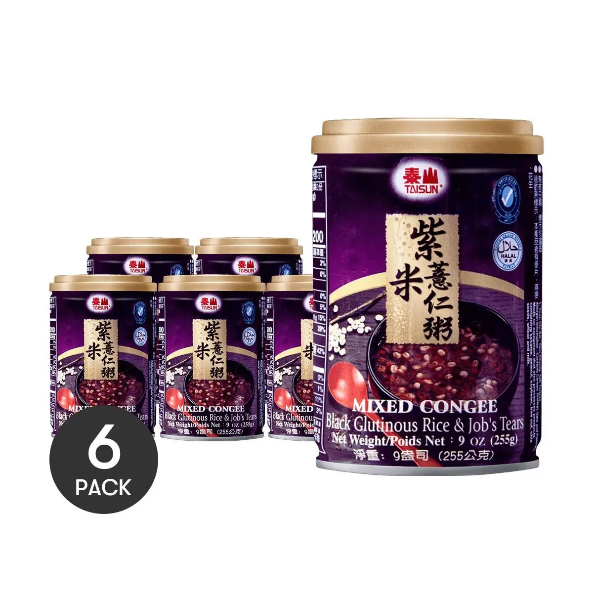 TAISUN Taiwanese Purple Rice & Job's Tears Porridge Super Value Pack 6 Cans - Healthy Breakfast & Snack