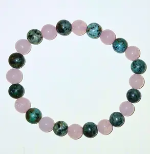 The Peacock Bracelet African Turquoise Jasper & Rose Quartz Handmade by BellaMariaJewelryCompany. Boho Design Stretch Cord Durable Long Lasting