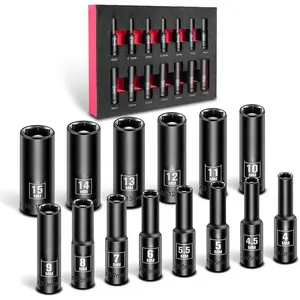 14-Piece 1/4" Drive Magnetic Deep Impact Socket Set, Metric Size (4mm-15mm) 6 Point Sockets(Free gift of 1 set of screwdrivers)