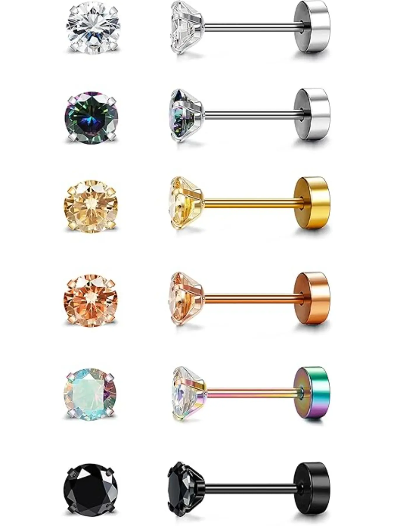6 Pairs 20G Stainless Steel Cartilage Stud Earrings for Women Men Girls Tragus CZ Flat Back Screw Back Earring Sets Helix Hypoallergenic Ear Piercing Jewellery Stud Earring Jewelry