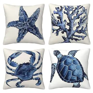 Marine Life Coastal Wind Pillow Cover, Sea Star, Turtle, Crab, Coral Indigo Blue Summer Beach Ocean Navigation Outdoor Decoration Pillow Cover Suitable for Sofa Decoration, 4-piece Set with Double sided Printing