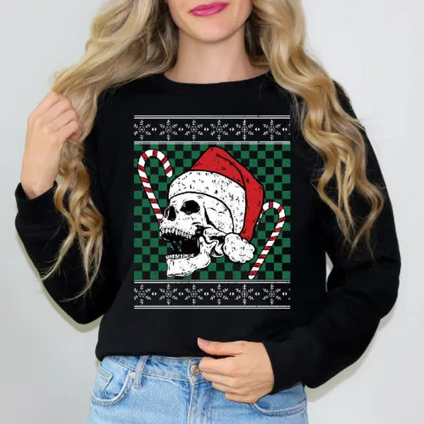 Skull Santa with Candy Canes Checkered Holiday Sweater, Christmas, Snowflakes, Gift, Unisex Long Sleeve Womenswear Casual Comfortable Sweatshirt Tops