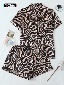 Women's Satin Zebra Print Pajama Sleepwear Set, Aesthetic Plaid Cherry Print, Sweet Lapel Short Sleeve Top with Pocket, Bow Shorts, Casual Loungewear Homeewear, Pjs