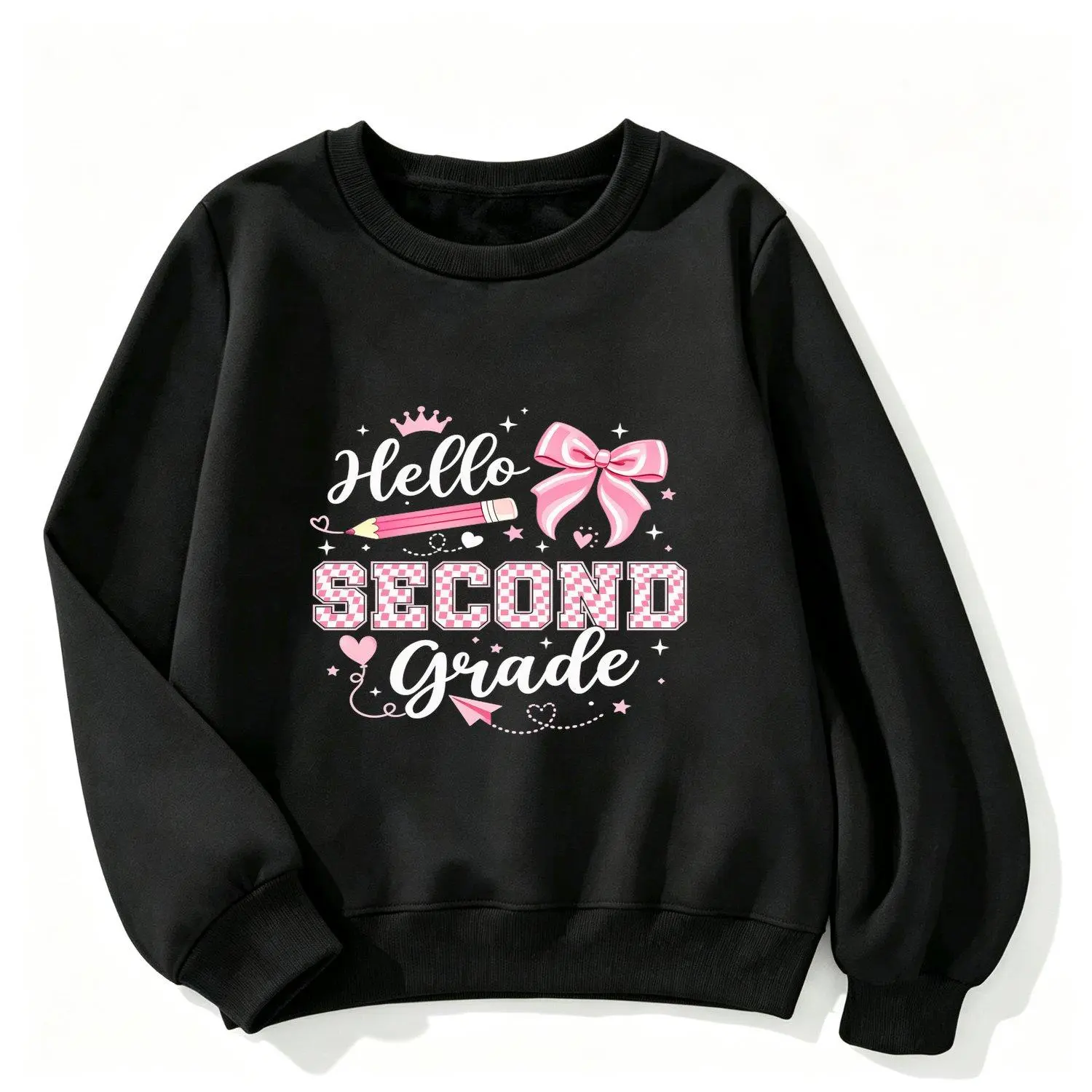 Hello Second Grade Sweatshirt Bow Checker Crewneck Back To School 2nd Grade Pullover Crew Neck School Themed Graphic Sweatshirt Men Classic Comfortable
