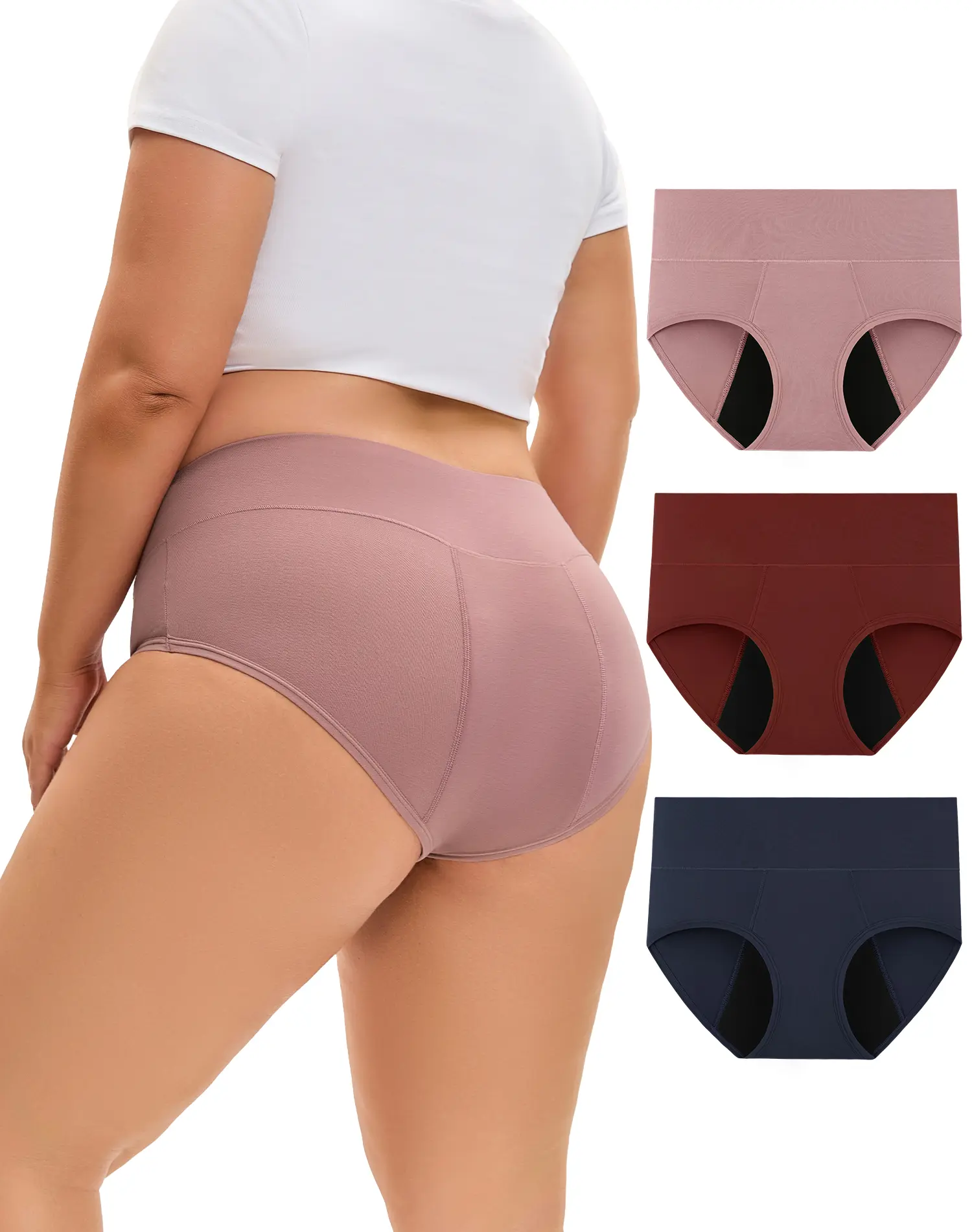 INNERSY Women's Plus Size Mid-Waisted Bamboo Viscose Spandex Fabric Period Panties - Reusable, Waterproof, Breathable, Heavy Flow, 3-Pack, Water Proof, Comfortable Womenswear Elastic, Period Underwear