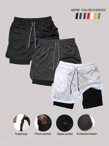 Men’s Regular Fit Double-Layer Shorts, 3-Pack — Quick-Dry Breathable Basketball/Sports Casual Pants with Multiple Pockets and Phone Pocket