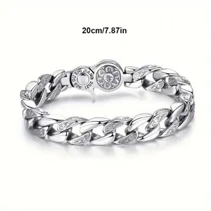 S925 Sliver Punk Style Rotatable Cuban Chain Bracelet, Vintage Ethnic Pattern Link Bracelet, for Men & Women, Fashion Jewelry Accessories for Daily Wear