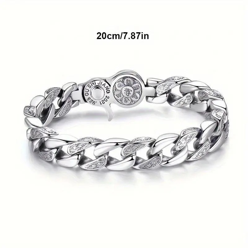 Unisex Vintage Punk 925 Sterling Silver-Plated Cuban Chain Bangle, Rotatable Ethnic Flower Motif Link Bracelet for Daily Wear, Elegant Fashion Jewelry for Friends and Family, All Occasions, 925 Real Silver Bracelets & Bangles, Yes, 7.87 Inches, Flowers, E