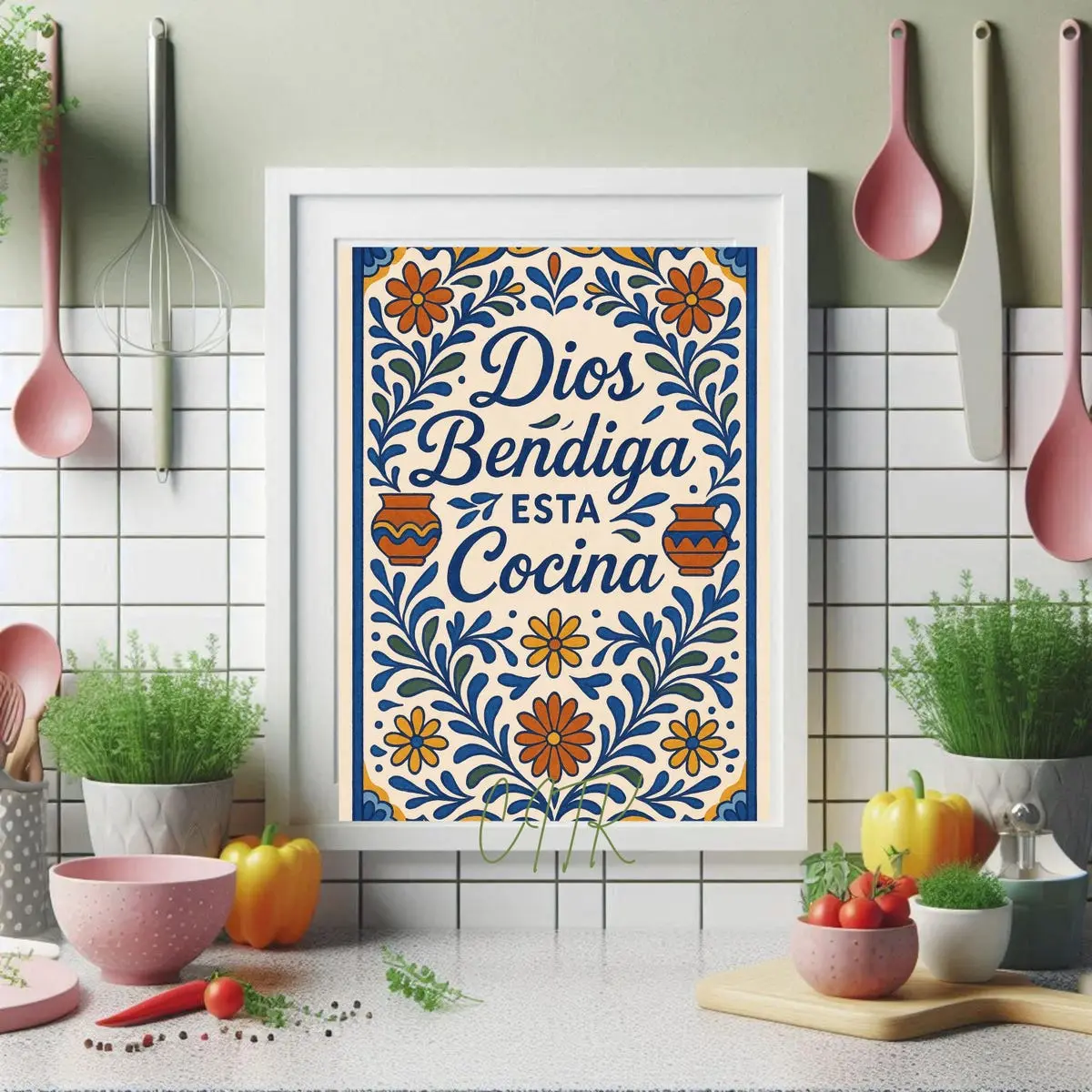 Unframed, Room Decor, Dios Bendiga Cocina Print: Talavera Mexican Blessing 5 size, 8x12 to 27x40 inch