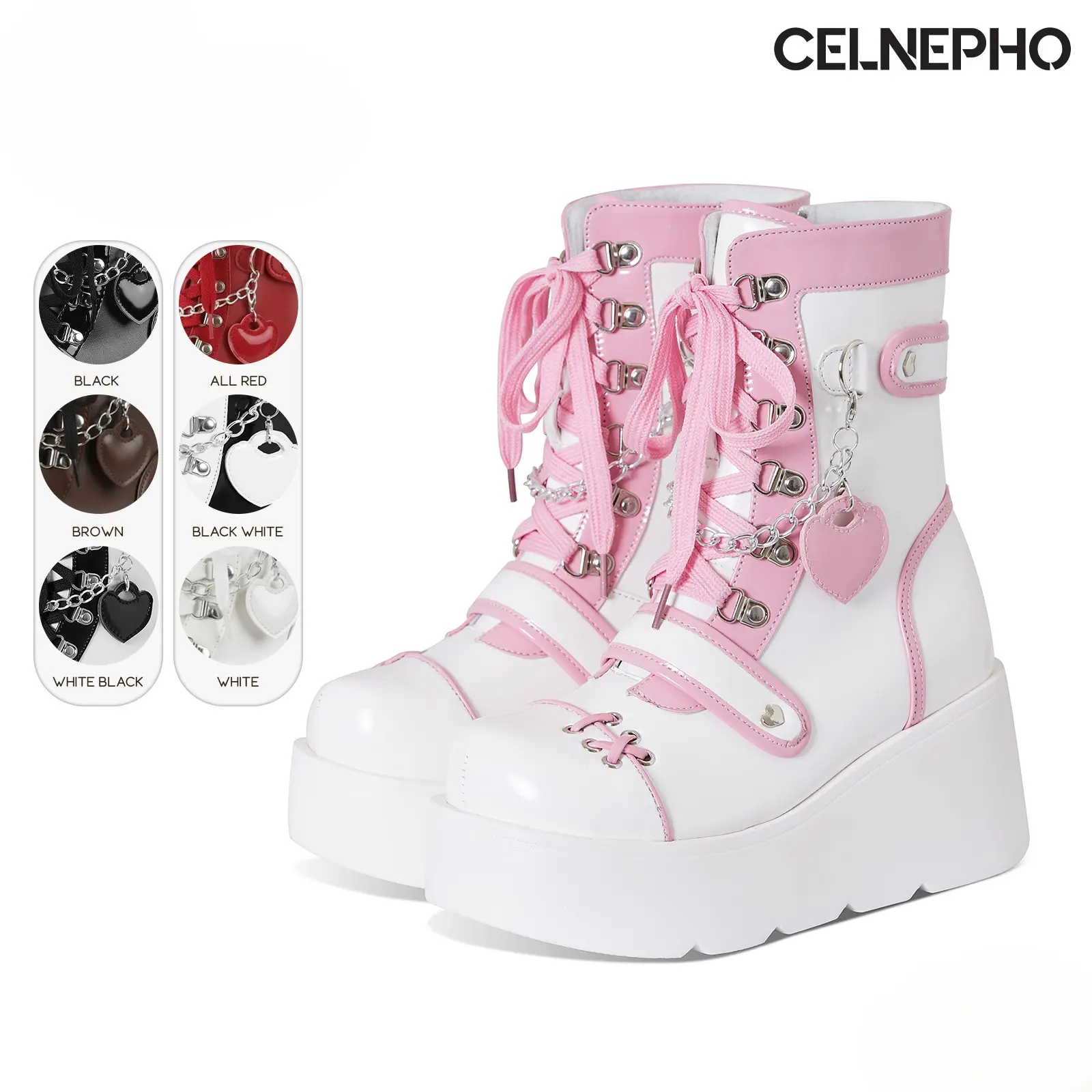 CELNEPHO Womens Platform Ankle Boots Round Toe Wedge Heel Goth Rave Boot Side Zipper Closure Jennifers Body Booties Laceup Design Metal Chain with Heart Kawaii Shoes Casual Party Gift Date Daily Wear Trendy Fashion Dress Shoes