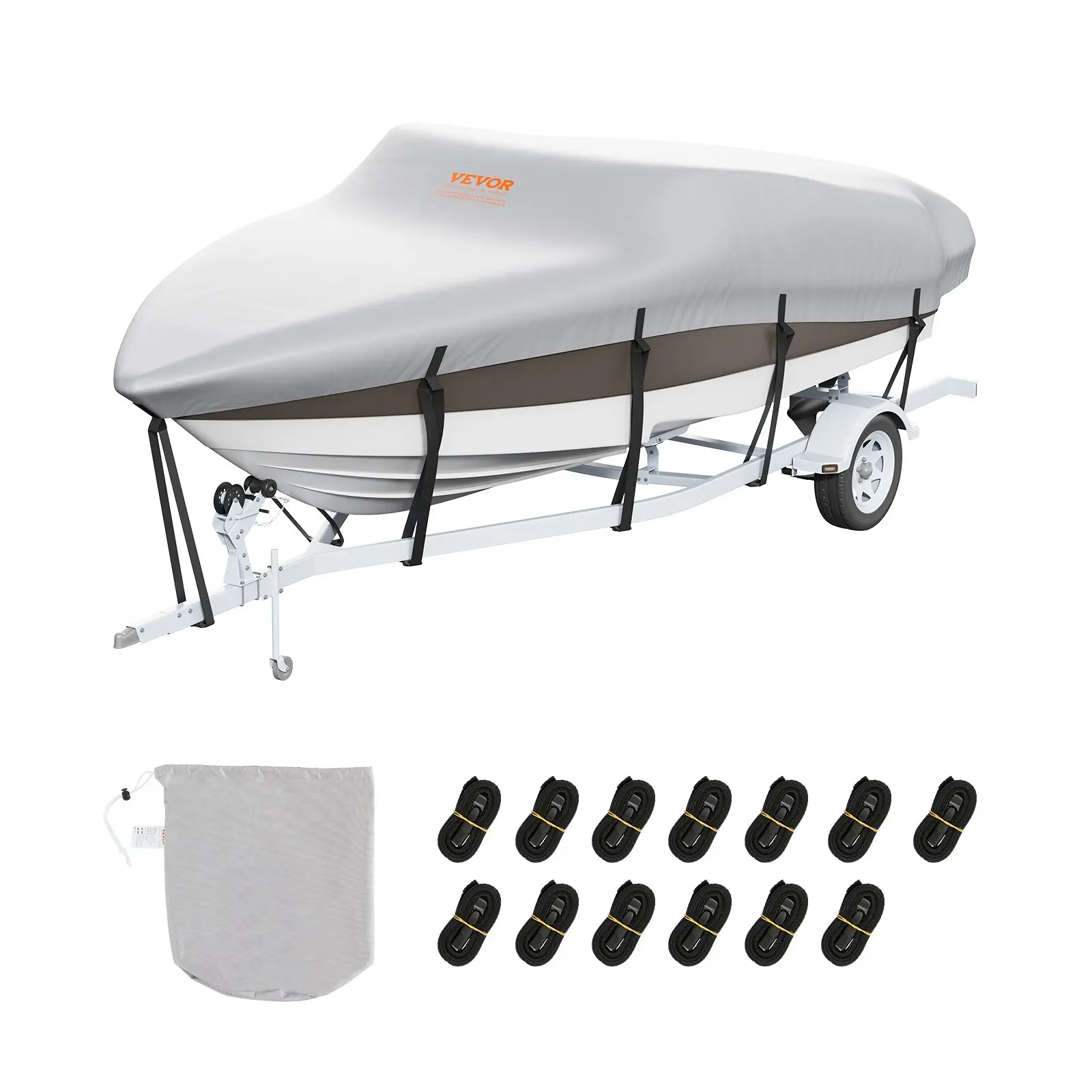VEVOR Boat Cover, 17'-19' Trailerable Waterproof Boat Cover, 600D Marine Grade PU Oxford, with Motor Cover and Buckle Straps, for V-Hull, Tri-Hull, Runabout, Bass Boat, Fish Ski Boat, Grey