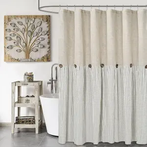 Beige and Gray Stripe Button Shower Curtain, Linen and Cotton Woven Fabric, Rustic Charm Country Chic Style, 72x72 Inches