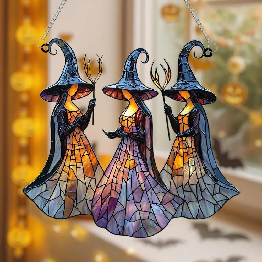 Three Witches Acrylic Suncatcher, Faux Stained Glass Halloween Witch Trio, Gothic Witchy Window Decor For Fantasy And Cottagecore Homes