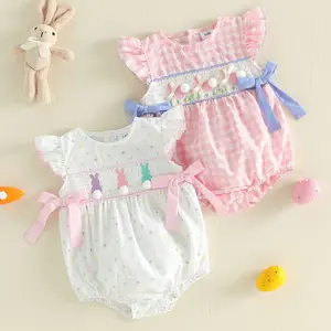 Easter Newborn Infant Baby Girls Summer Romper Bunny Flower Embroidery Plaid Crew Neck Flying Sleeve Jumpsuit 0-24 Months