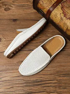 Men's Backless Perforated Loafers Breathable Lightweight Non-Slip Wide Width Cushioned Perforated Casual Slip-Ons Round Toe Flat Mules Slippers Versatile Retro Summer Blue Vegan Leather Beach Vacation Travel Walking Big Size 11-14 Walking Shoes