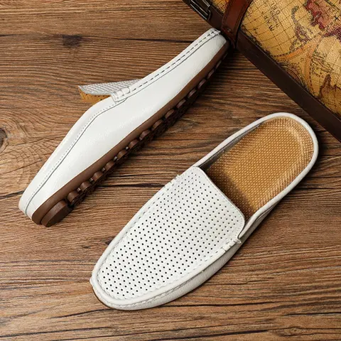 Men's Non-Slip Perforated Backless Loafers, Breathable Lightweight Wide Width Cushioned Shoes, Casual Slip-Ons Round Toe Flat Minimalist Mules, Retro Summer Vegan Leather Mules for Beach, Vacation & Travel