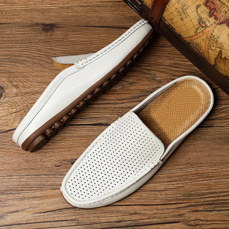 Men's Non-Slip Perforated Backless Loafers, Breathable Lightweight Wide Width Cushioned Shoes, Casual Slip-Ons Round Toe Flat Minimalist Mules, Retro Summer Vegan Leather Mules for Beach, Vacation & Travel