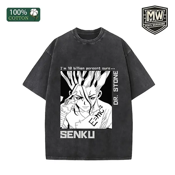 Vintage Dr. Stone Senku Ishigami Anime Menswear Tshirt - 100% Cotton Washed Black Round Neck Shortsleeve Oversized Graphic Tee, Fashion Apparel Casual Top for Men, Classic, Anime Style, Aesthetic, Vibrant Print, Clothes, Sweatpants