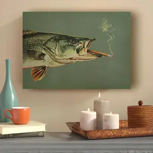 1pc Retro Bass Fish with Cigar Art Deco Poster, Modern Vintage Humorous Animal Canvas Print for Home Office, Living Room, Bedroom, Kitchen, Bathroom Wall Decor,  Ink Illustration for Fishermen Gifts