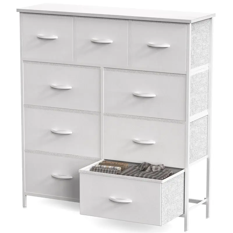 9-Drawer Fabric Storage Tower with Sturdy Steel Base, Wood Top & Sliding Door, Space-Saving Multifunctional Dresser, 66lb Capacity (Supports 66lbs) for Bedroom & Nursery, Easy Assembly Required