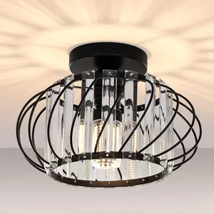 FRIDEKO HOME Semi Flush Mount Ceiling Light - Crystal Chandelier Hallway Lighting Fixtures Ceiling Black Modern Ceiling Light Fixture for Bedroom Porch Kitchen Entryway