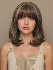 Fashionable New 14 Inch Medium Length Dark Brown Wigs with Bangs, Highlights and Curly Hair, Synthetic Women's Wigs for Ordinary Work, Life, Dance Parties and All Occasions, All Season Use, Natural Looking Wigs