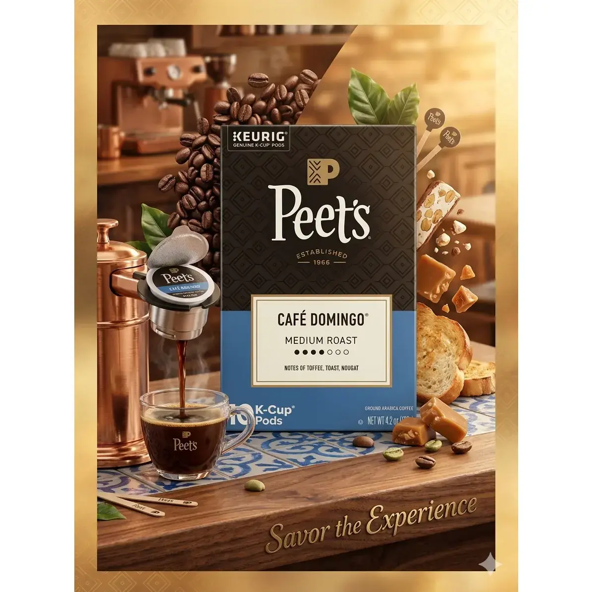Café Domingo Medium Roast Toffee-Flavored GMO-Free Caffeinated Bean-Based Coffee Capsules & Pods - 10 Count, Brewed Awakenings for Mornings