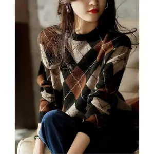 2025Autumn/WinterNewVintageBritishStyleKnittedTopElegantArgylePatternColorBlockingForWomenPulloverSweater