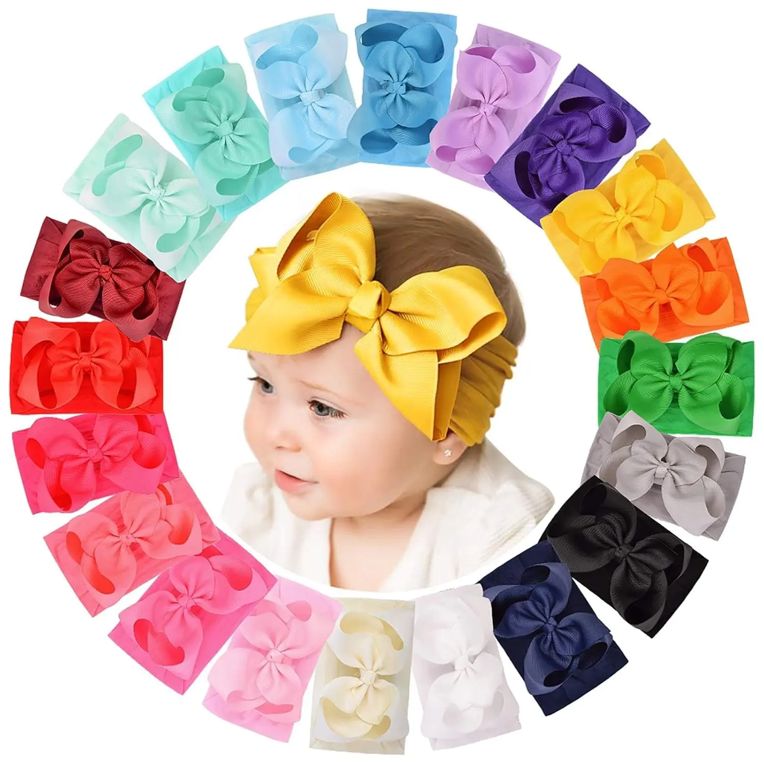 20-piece Baby Girl Headbands Set Bow Nylon Ribbon Elastic Hair Accessories for Newborns Infants Toddlers Children