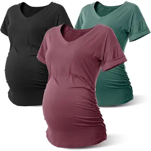 Long Enough Maternity Shirts Short Sleeve Summer Pregnancy Tops& Tees Clothes V Neck Casual Outfits for Women 3 Pack
