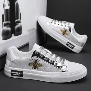 LISM Men's Bees & Honeycomb PU Sneakers - Lace-Up or Slip-On Low-Top Casual with Golden Bee Logo, All-Season White/Grey/Golden/Green Colorway for Outdoor, Daily Wear & Bumblebee-Inspired Style (Comfortable Cushioned-like PU Sole)