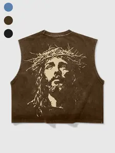 Men's Multicolor Washed Loose Sleeveless Vest, Thorn Crown Jesus Print, Soft Cotton Street Style Casual, Religious Aesthetic Summer Wear