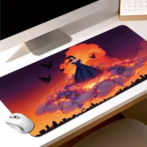 Premium Girl In Dark Blue Dress On Glowing Cloud With Flowers And Birds Illustration High Quality Mouse Pad Modern Office Gaming Comfort Experience Non?Slip Durable For Daily Work And Play 40*80 Size.