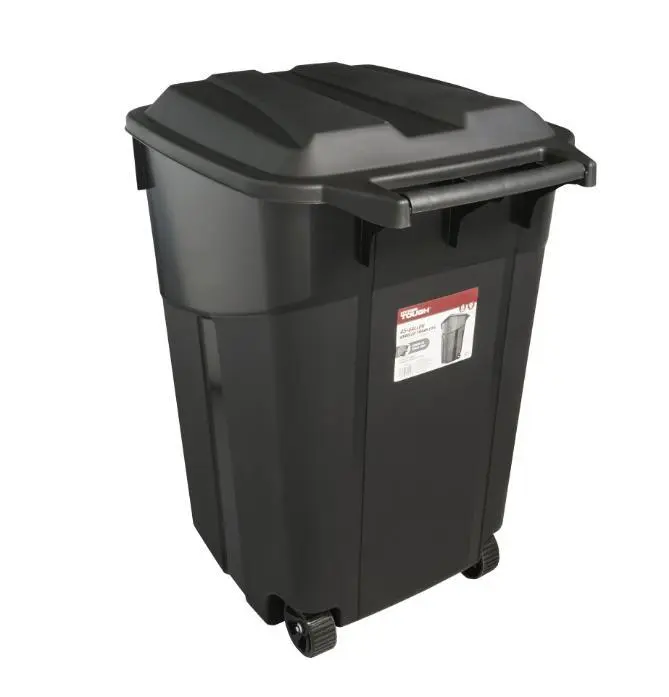 Hyper Tough 45 Gallon Wheeled Heavy Duty Plastic Garbage Can, Attached Lid, Black