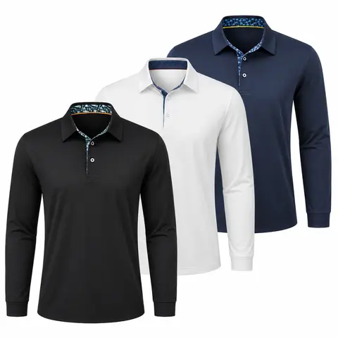 VILIGO Men's 3-Pack Long Sleeve Button Polo Shirts - Stretch, Chic, Soft Breathable Fabric, 3XL, All Seasons Golf & Casual Work Tops