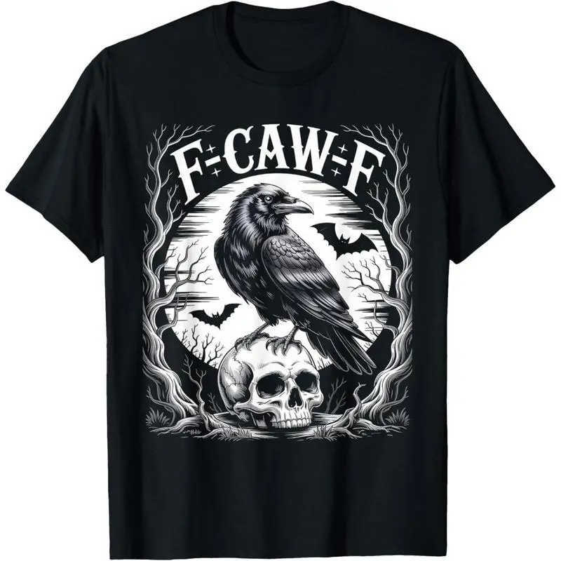 Men's Gothic "F-Caw-F" Crow Graphic T-Shirt - Unisex Dark Aesthetic Bird Top, Classic Casual 100% Cotton Short-Sleeve Streetwear with Adult Humor Moon Print, All Seasons Garment