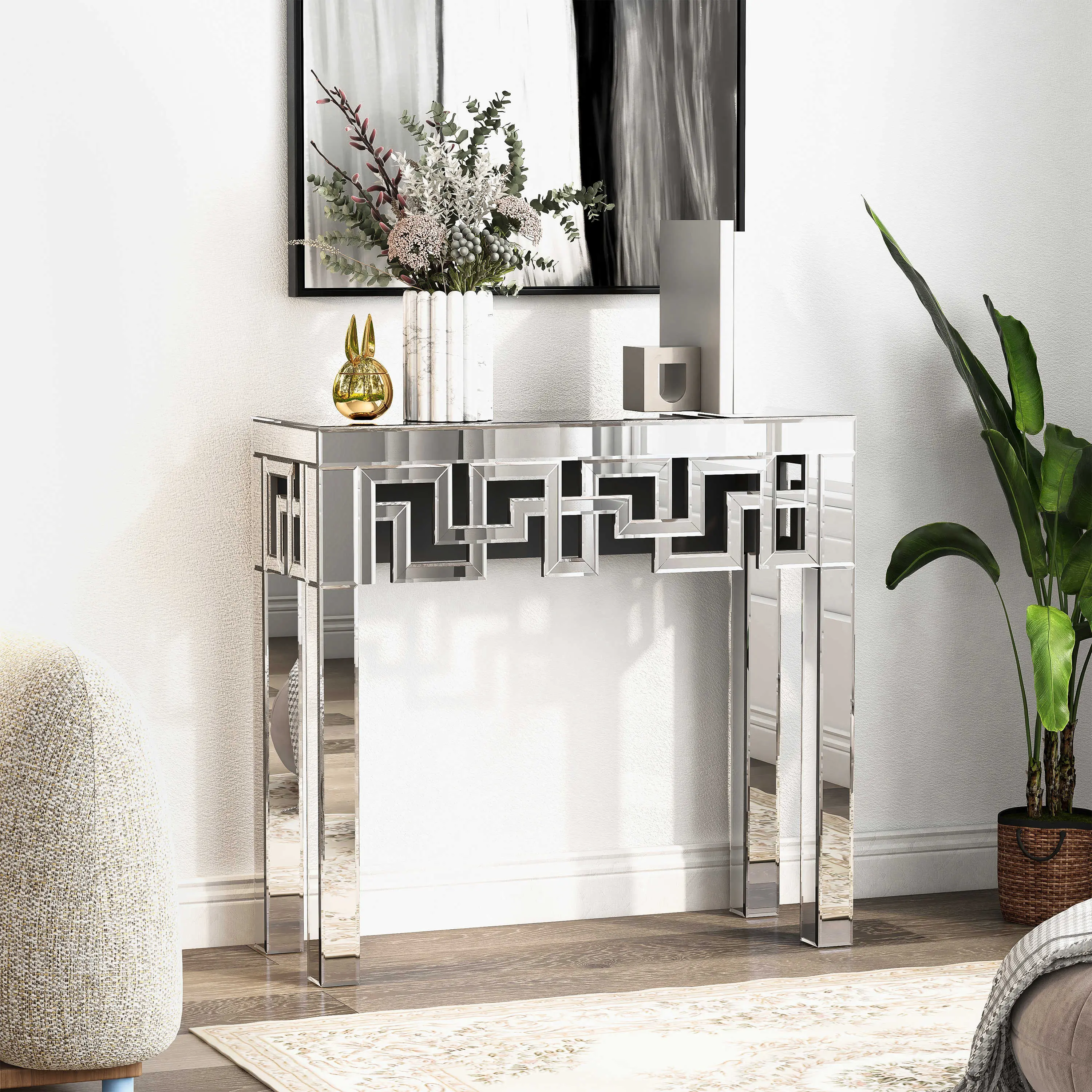 BLINGWORLD Heavy Rectangular Mirrored Console Table - Contemporary Vintage Geometric Design, MDF Construction, Mirrored Finish, Indoor Entryway Furniture