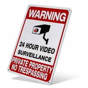 WARNING 24 Hour Video Surveillance Private Property No Trespassing 8x12 Inch Aluminum Metal Sign Security Wall Decor for Yard Gate and Fence Retro Poster with Camera Illustration Durable Weatherproof Easy to Hang