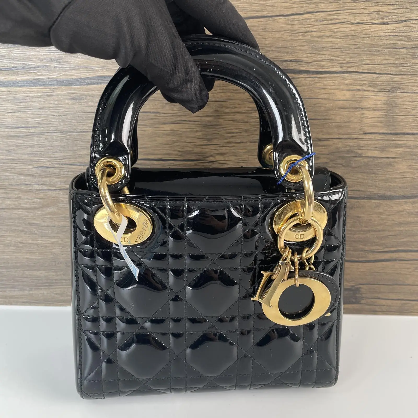 Pre-owned Dior leather tote bags Mini Lady (Micro) Black Patent Cannage, Gold Hardware+charm++