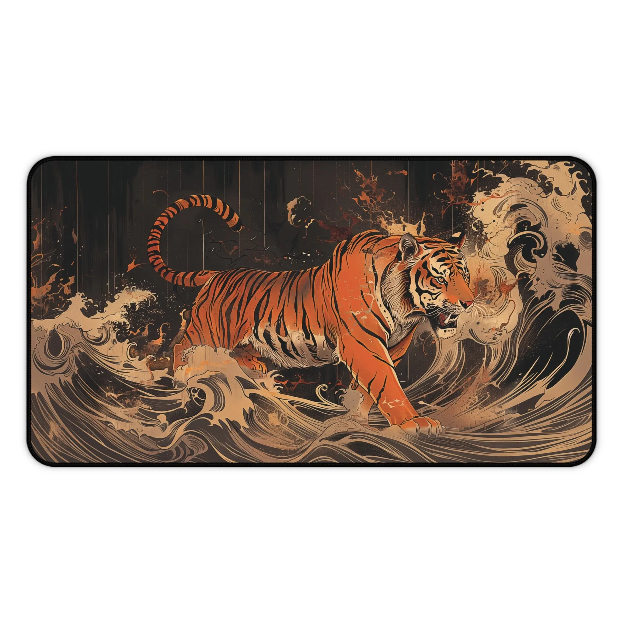Majestic Tiger in Waves Japanese Ukiyo-e Desk Mat, Aesthetic Large Keyboard Mouse Pad, Office or Gamer Accessories, Unique Gaming Room Decor