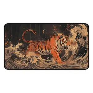 Majestic Tiger in Waves Japanese Ukiyo-e Desk Mat, Aesthetic Large Keyboard Mouse Pad, Office or Gamer Accessories, Unique Gaming Room Decor